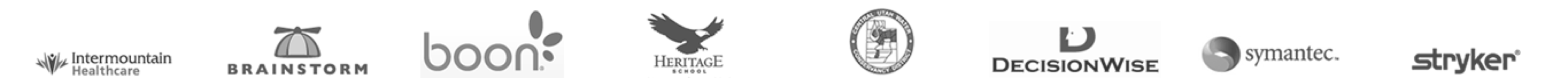 Client logos including Intermountain Healthcare, Brainstorm, boon, Heritage, DecisionWise, Symantec, Stryker